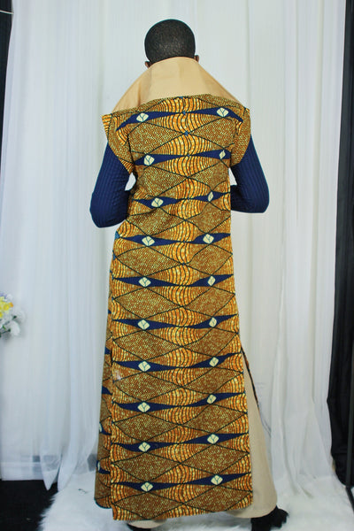 AFRICAN PRINT /ANKARA LONGLINE SHRUG - BROWN/BLUE /BAIGE GEOMETRIC PRINT