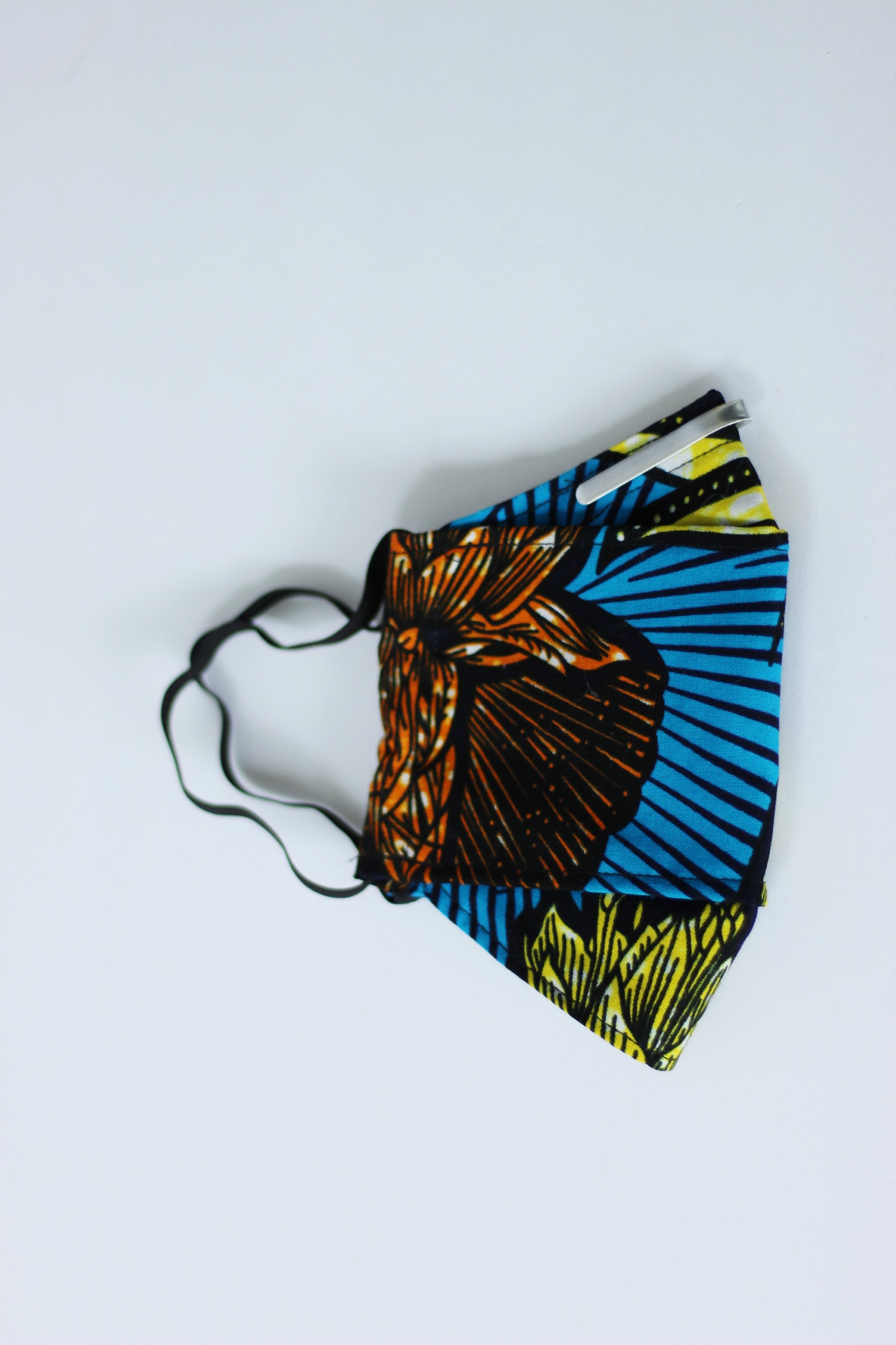 African Print 3D Face Mask - Blue /Orange/ Black Floral Print