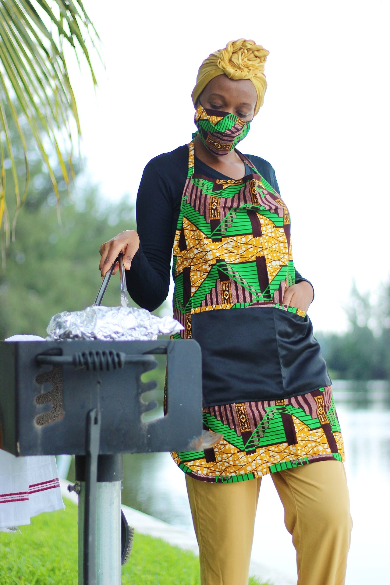 African/Ankara/Kitenge  Print Kitchen Apron & 3D Mask Set - Green/Brown/ Beige Kente Print