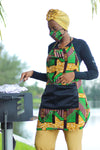 African/Ankara/Kitenge  Print Kitchen Apron & 3D Mask Set - Green/Brown/ Beige Kente Print