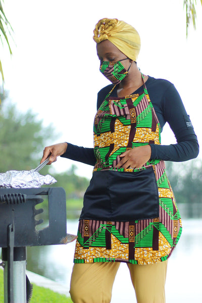 African/Ankara/Kitenge  Print Kitchen Apron & 3D Mask Set - Green/Brown/ Beige Kente Print