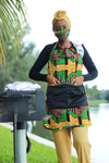 African/Ankara/Kitenge  Print Kitchen Apron & 3D Mask Set - Green/Brown/ Beige Kente Print