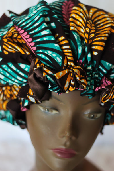 African /Kitenge /Ankara Print Satin Lined Hair Bonnet- Teal/Brown / Pink Floral Print