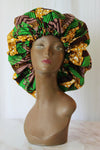 African /Kitenge /Ankara Print Satin Lined Hair Bonnet- Green/Brown Floral Print