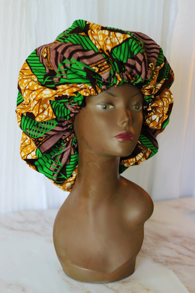African /Kitenge /Ankara Print Satin Lined Hair Bonnet- Green/Brown Floral Print