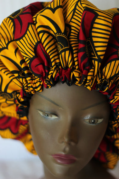 African /Kitenge /Ankara Print Satin Lined Hair Bonnet- Orange/Red Floral Print