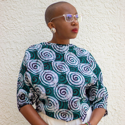 African Batik Half Sleeve Reversable Wrap Top - Green /White & Black Concentric circle/ polka dot print