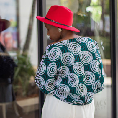 African Batik Half Sleeve Reversable Wrap Top - Green /White & Black Concentric circle/ polka dot print