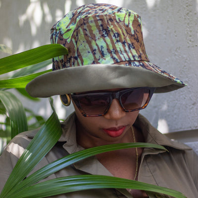 African Print Bucket Hat Unisex - Jungle Green/ Brown Batik/Tie Dye Print