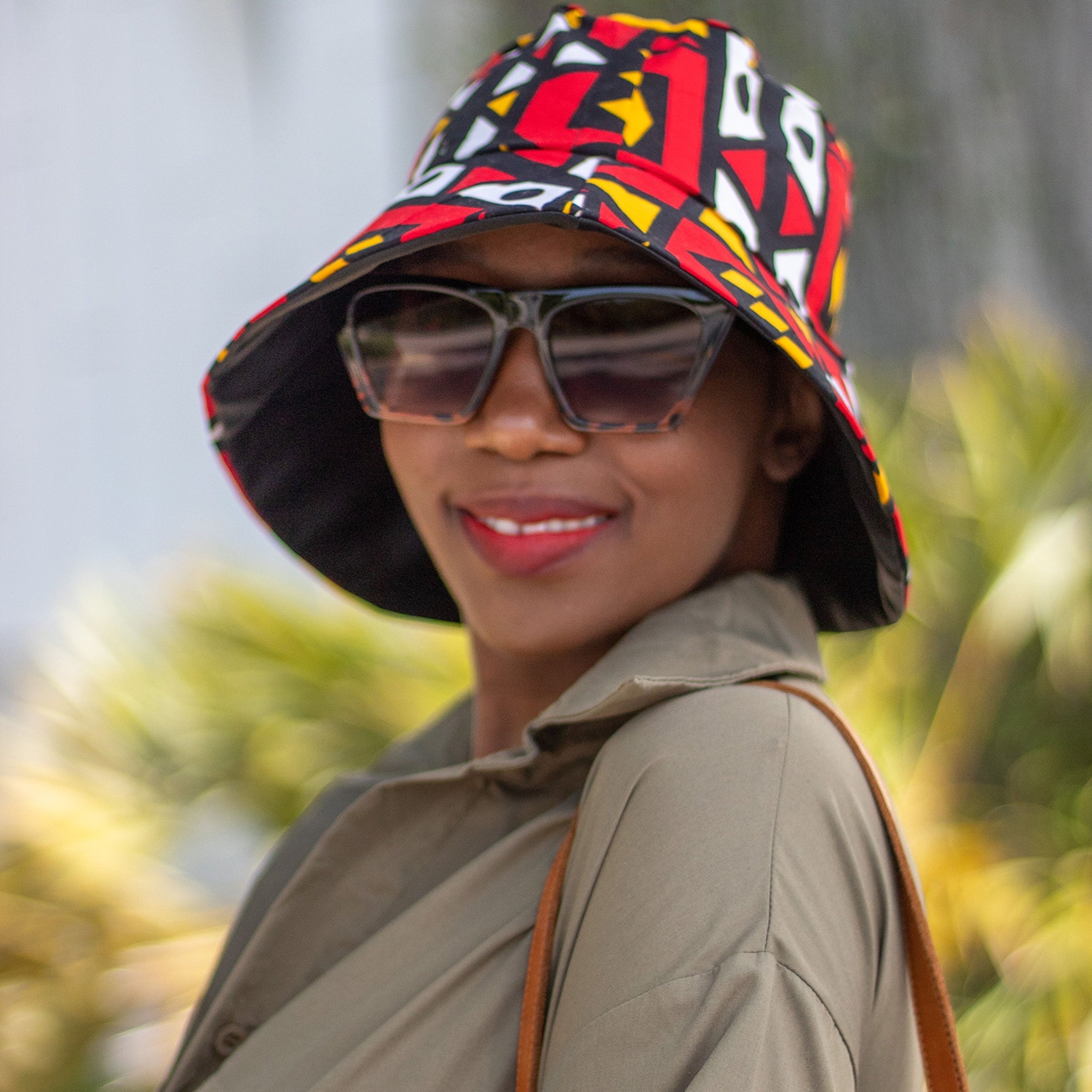 African Print Bucket Hat Unisex - Red/ Orange/Black & White Tribal Print