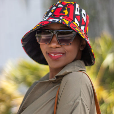 African Print Bucket Hat Unisex - Red/ Orange/Black & White Tribal Print