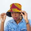 African Print Bucket Hat Unisex - Maroon/ Orange/Black & White Concentric Circle Print