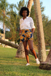 African Print /Kitenge/Ankara(Mini) Shorts - White/Musturd Yellow Floral Print - Africas Closet