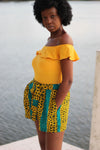 African Print /Kitenge/Ankara(Mini) Shorts - Turqoise /Musturd Yellow Animal Print - Africas Closet