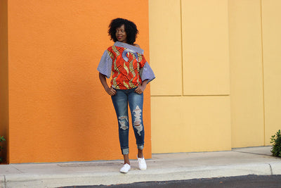 African Print Shift Mwezi  Top - Orange/Navy Blue Geometric Print - Africas Closet