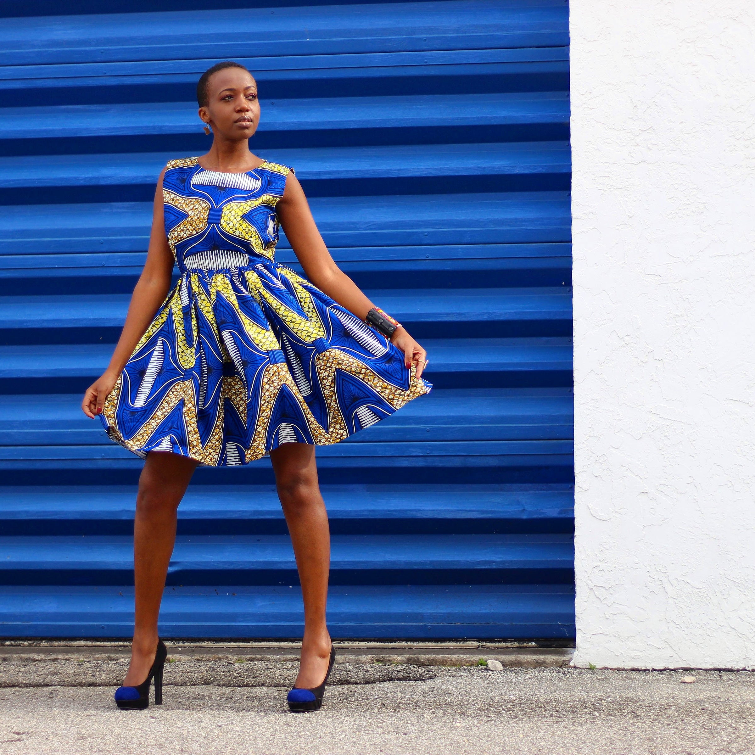 African Print /Ankara /Kitenge Print Sleeveless Teo Dress - Royal Blue /Yellow - Africas Closet