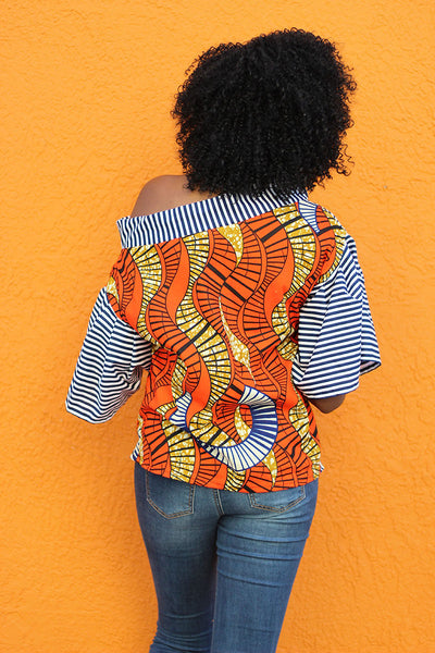 African Print Shift Mwezi  Top - Orange/Navy Blue Geometric Print - Africas Closet