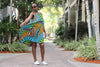 African Print Midi Flair Tausi Dress -Turquoise  /Orange/Brown Wave Print - Africas Closet