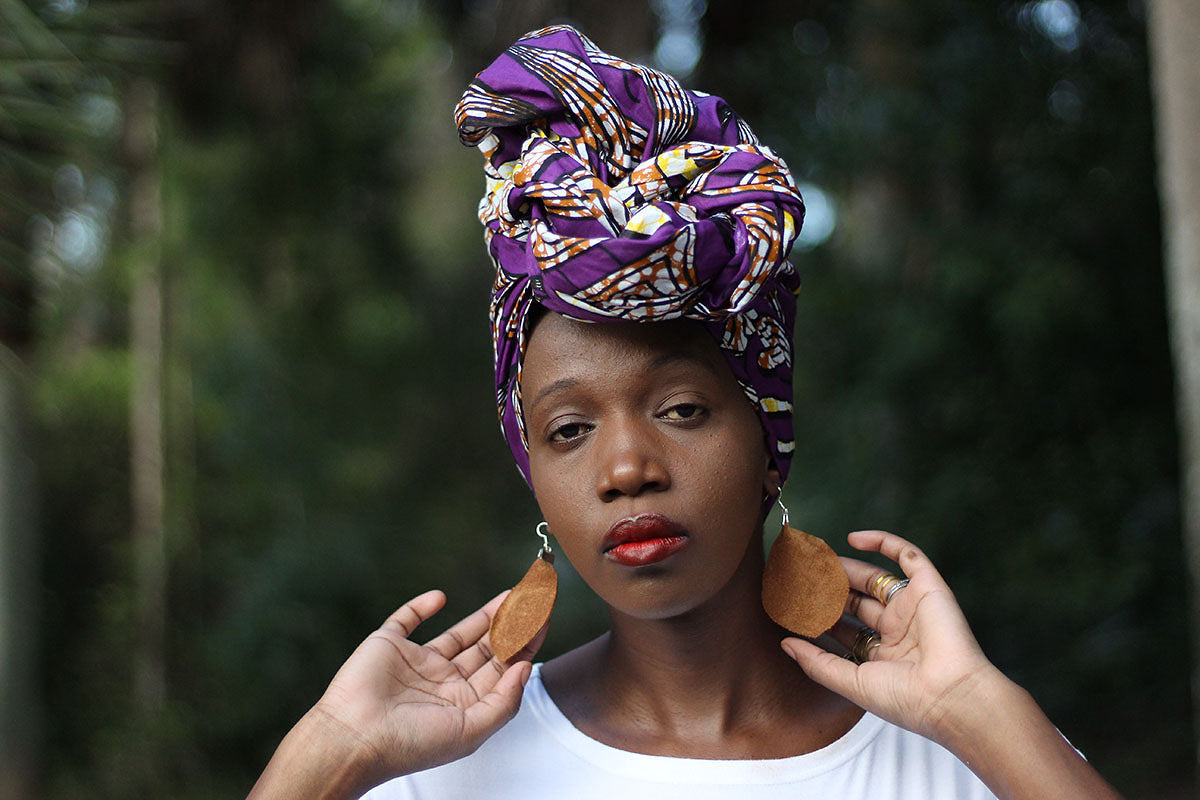 African Print /Ankara Headwrap - Purple /Yellow Floral Print - Africas Closet