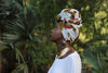 African Print/ Ankara Headwrap - White/Orange/Red Floral Print - Africas Closet