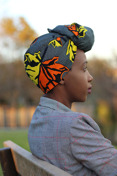African Print Head Wrap -Grey/Orange Leaf Print - Africas Closet