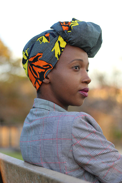 African Print Head Wrap -Grey/Orange Leaf Print - Africas Closet