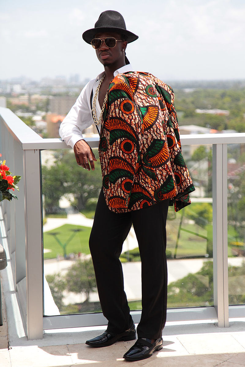 African Print Blazer Jacket - Orange/Green Floral Print - Africas Closet