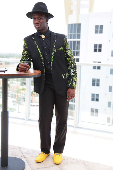 African Print Blazer Jacket - Black & Green Batik Print - Africas Closet