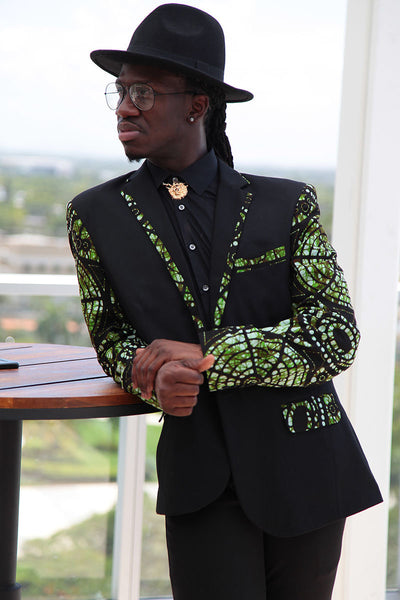 African Print Blazer Jacket - Black & Green Batik Print - Africas Closet