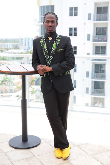 African Mens Blazer Jacket - Green/Black Batik Print - Africas Closet