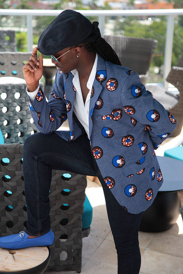 African Print Mens Blazer Jacket - Blue/White & Brown Circle(Concentric) Print - Africas Closet