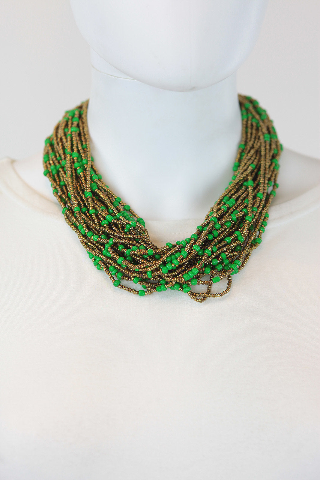 African Maasai Beaded Necklace-Green/Gold - Africas Closet