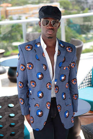 African Print Mens Blazer Jacket - Blue/White & Brown Circle(Concentric) Print - Africas Closet