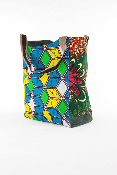 African Print Shopper Bag-Teal/Yellow Geometric Print - Africas Closet