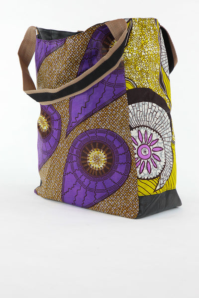 African Print Shopper Bag-Purple/Yellow/Brown Floral Print - Africas Closet