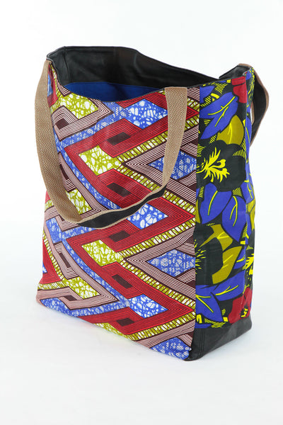 African Print Shopper Bag -Blue /Red Geo/floral Print - Africas Closet