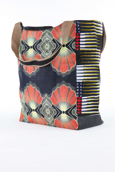 African Print Shopper Bag -Navy Blue/Red Floral Print - Africas Closet