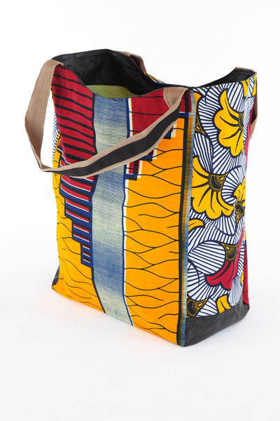 African Print Shopper Bag - Orange/Maroon  Geo -Floral Print - Africas Closet