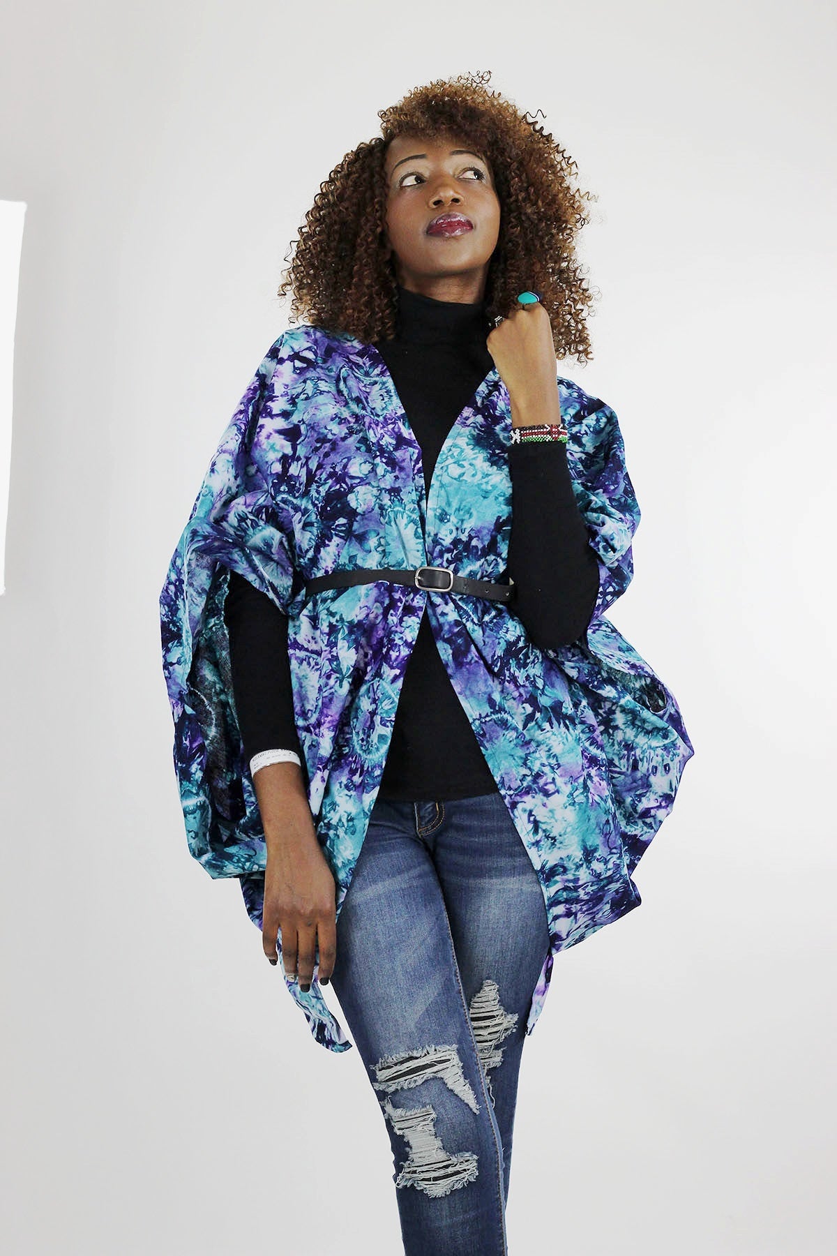 African Batik Boho Cape - Blue/Purple/Tie Dye - Africas Closet