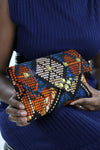African Print Clutch  Gold BlingPurse- Blue/Orange Floral Print - Africas Closet