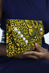 African Print Clutch Pearl Purse- Yellow/Black Floral Print - Africas Closet