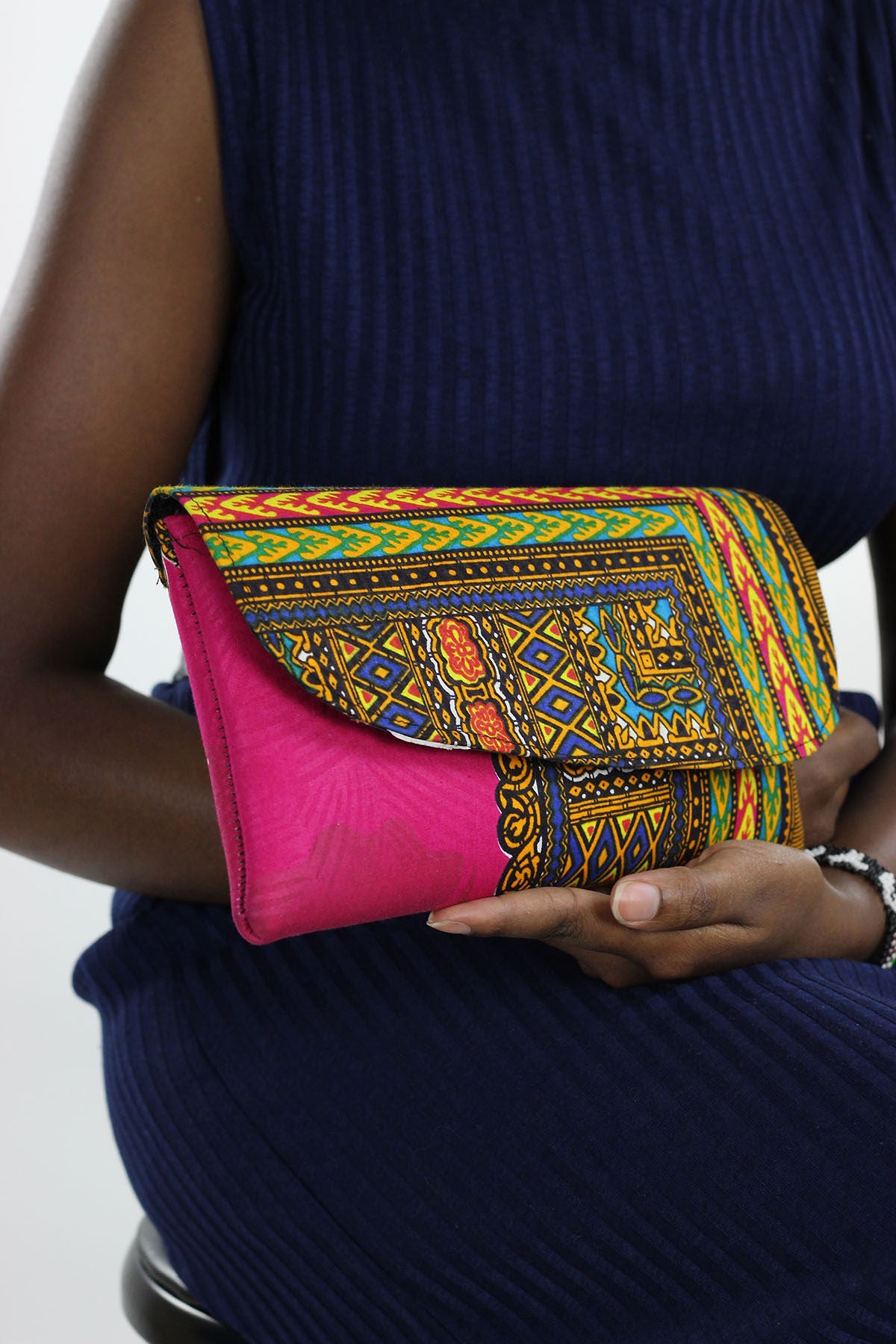 African Dashiki Print Clutch Purse Pink Yellow Floral Print