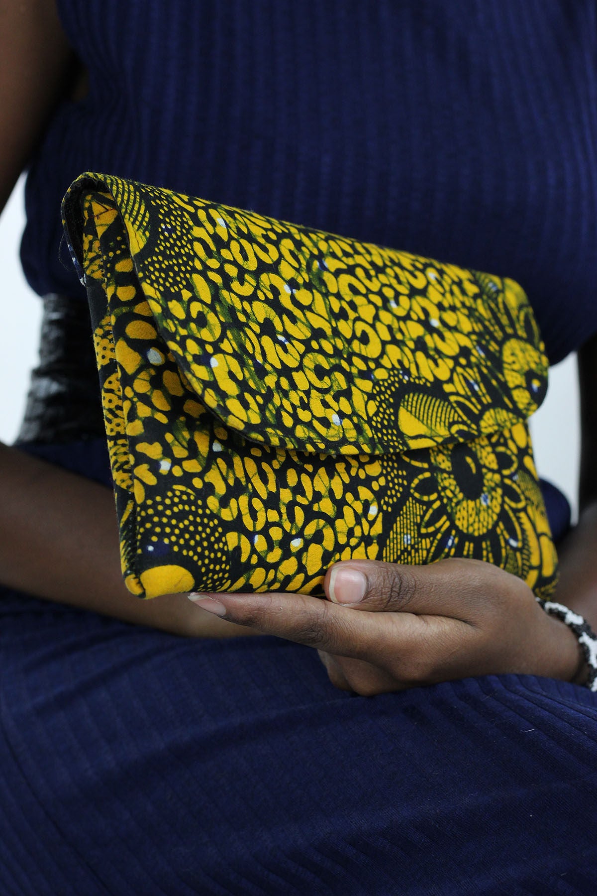 African Print Clutch Purse- Yellow/Black Floral Print - Africas Closet