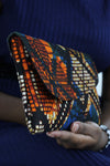 African Print Clutch Purse- Blue/Orange Geometric Print - Africas Closet
