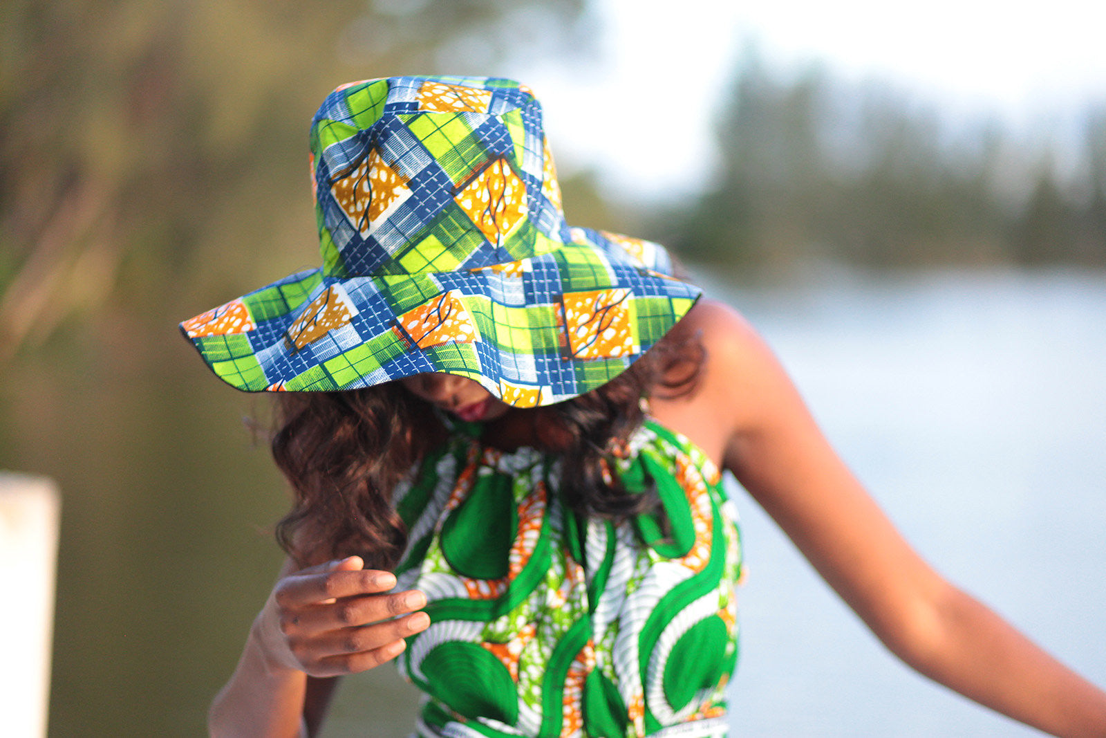 African Print Hat-Green/Orange checker print - Africas Closet