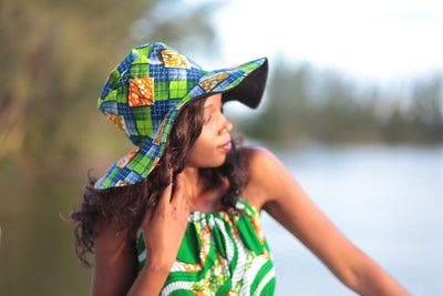 African Print Hat-Green/Orange checker print - Africas Closet