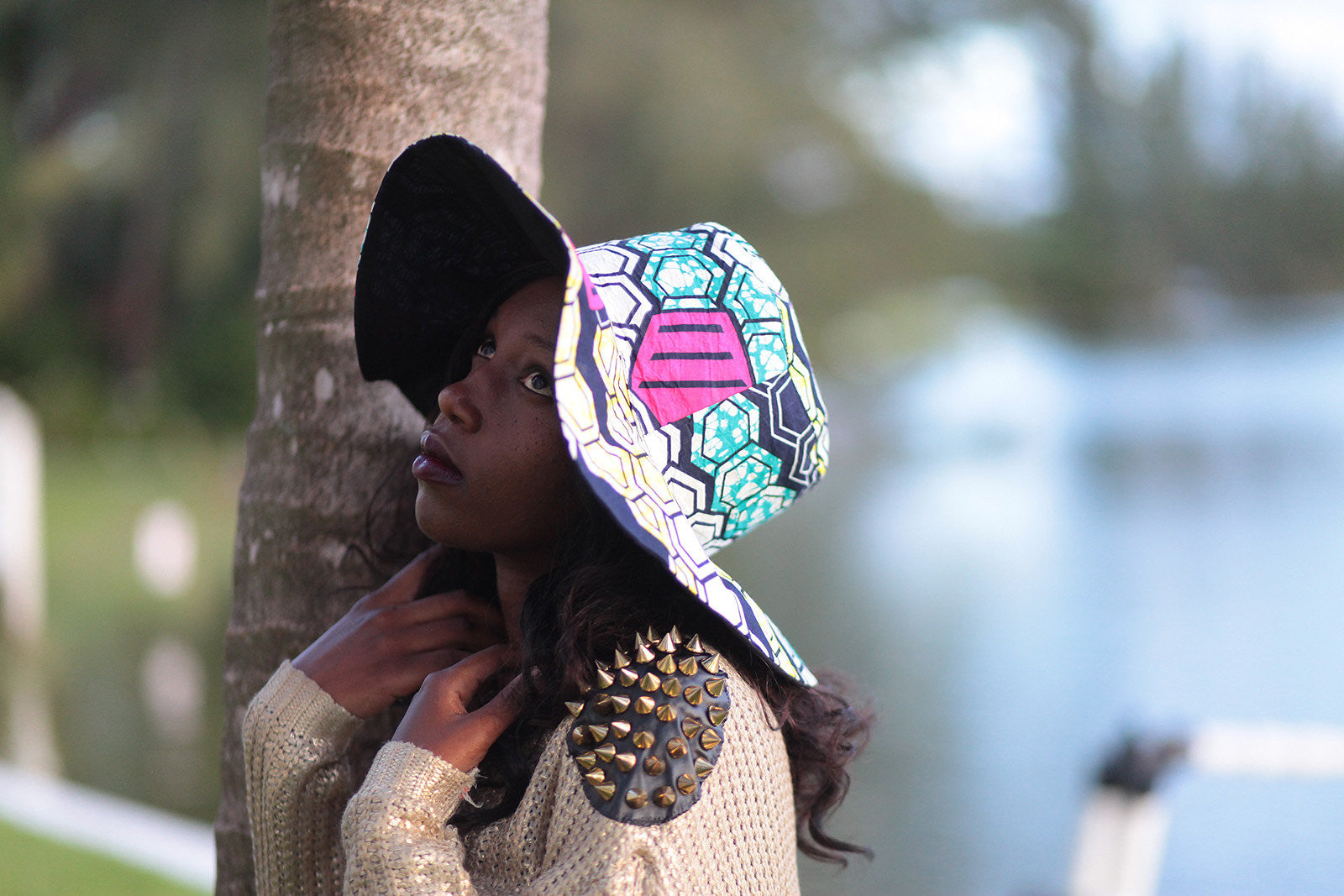 African Print Beach Hats - Pink/White Geometric print - Africas Closet