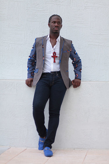 African Mens Blazer Jacket - Grey/Blue Circle (Concentric) Print - Africas Closet