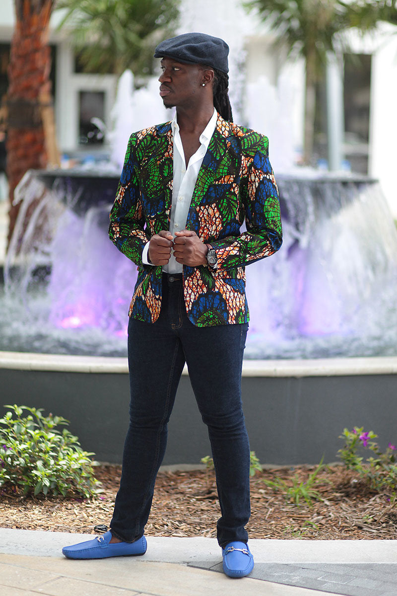 African Mens Blazer Jacket - Royal Blue/Green Floral print - Africas Closet