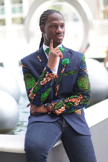 African Print Blazer Jacket - Navy Blue/Blue/Green Floral Print - Africas Closet